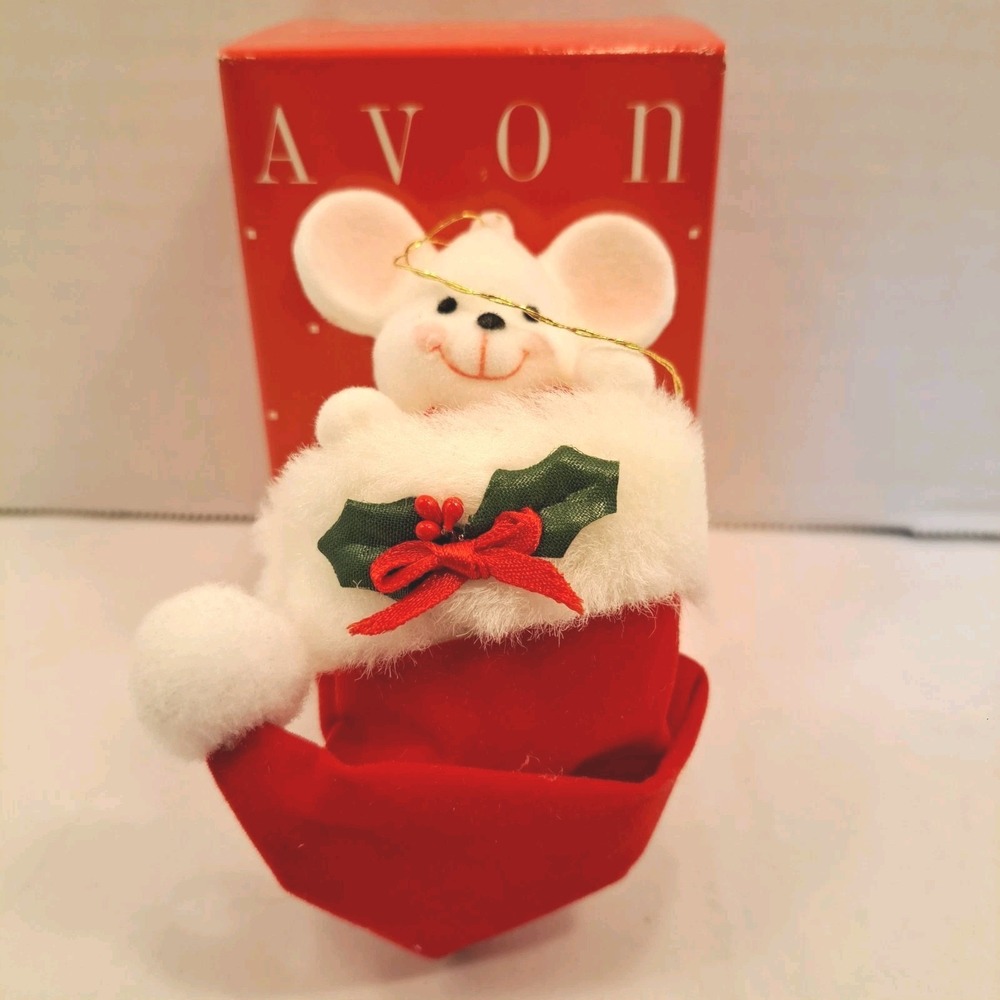 Avon Peek-A-Boo Mouse Christmas Ornament White Red Green Holiday